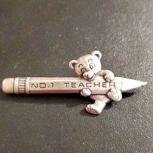 Vtg JJ JONETTE JEWELRY Siver Pewter #1 Teacher Bear Pencil Cute Pin Brooch Rare